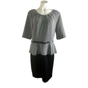 Connected Black and White Polka Dot Belted Zip Back Peplum Dress